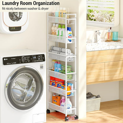 ThreeHio 6 Tier Slim Storage Cart, Narrow Cart with Wheels, Metal Mobile Shelving Unit Organizer for Bathroom, Kitchen, Laundry Room, Living Room & Narrow Spaces, White, 6in(W)