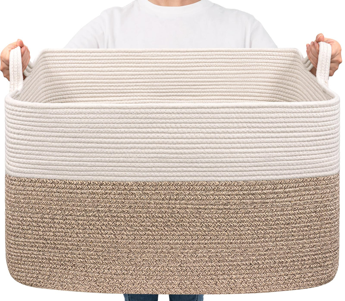 Goodpick Large Woven Rope Blanket Basket, Rectangle, Black, 75L