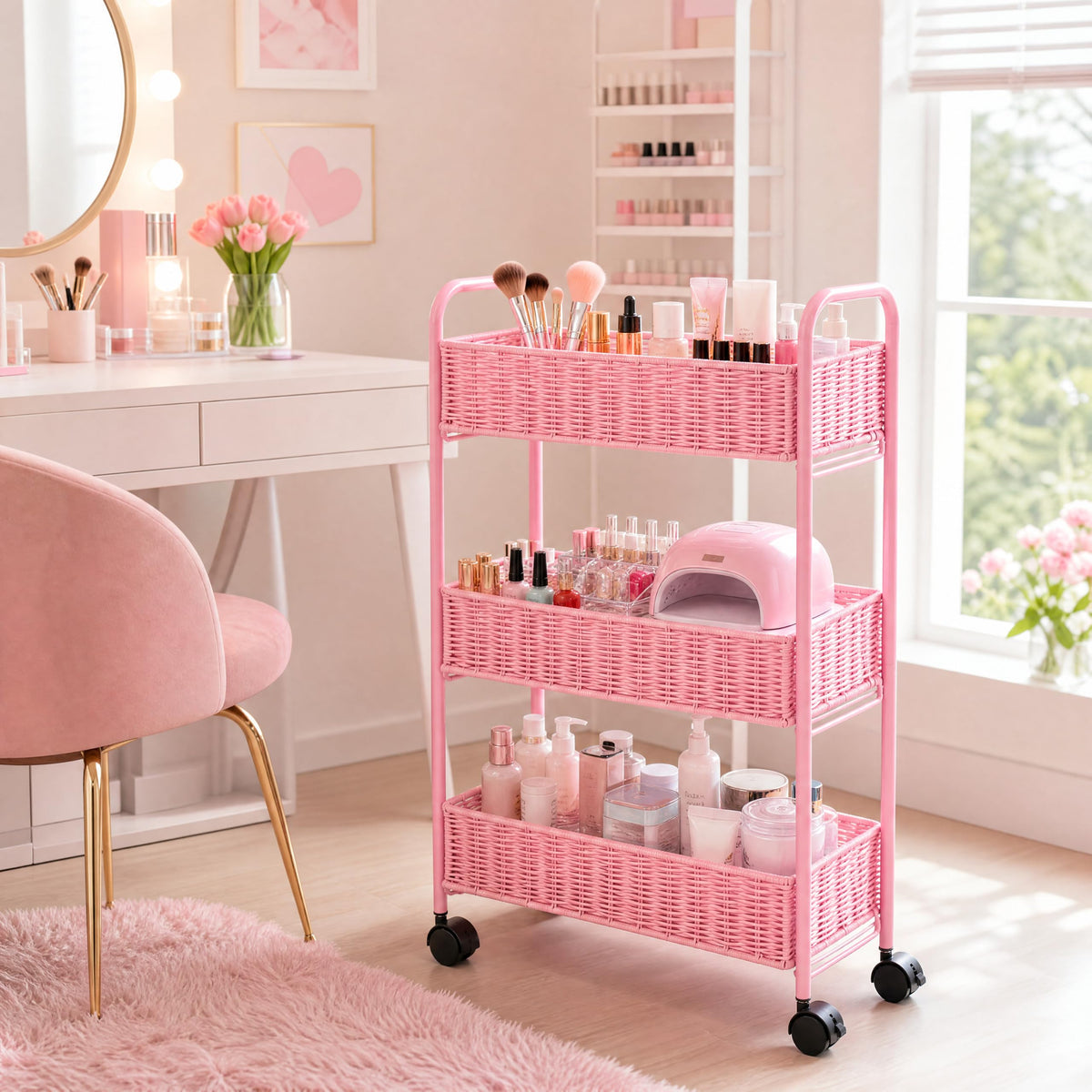FOCHIER F Utility Slim Storage Cart,3-Tier Rolling Kitchen Office Laundry Room Cart,Mobile Shelving Unit Organizer for Living Room Bathroom Baby Diaper Narrow Places (Natural, 3 Tiers-7.1 inch (W))