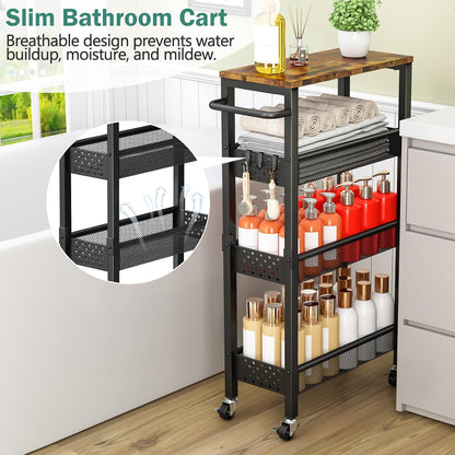 Vivihomety 4-Tier Slim Utility Rolling Laundry Cart with Wheels, Metal