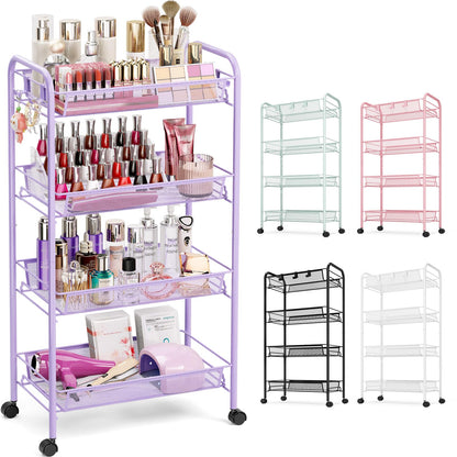 TOOLF 4 Tier Rolling Cart, Metal Utility Storage Cart with Wheels, White