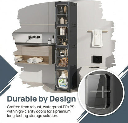 KHNR 4-Tiers Slim Bathroom Storage Cabinet, Foldable Storage Cabinets,Narrow Bathroom Storage,Movable Bathroom Storage Organizer for Small Spaces,Bathroom,Kitchen,Laundry,Black