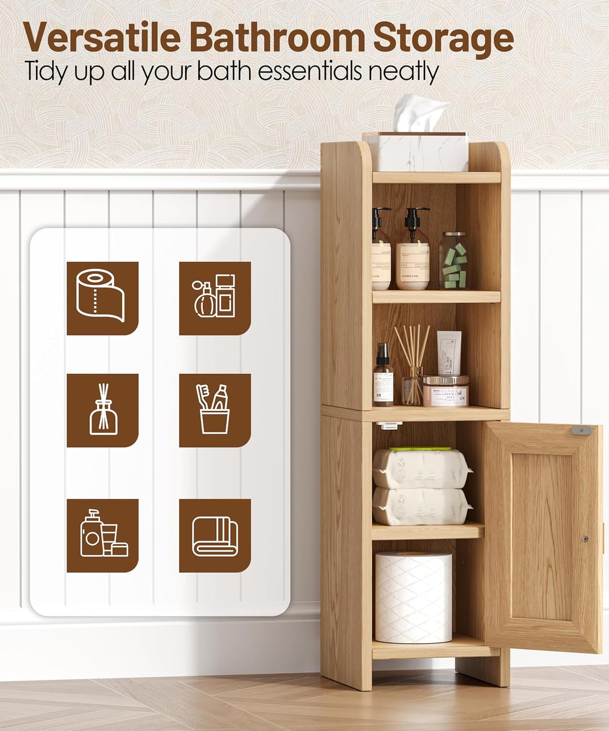 Akxomel Fluted Small Bathroom Storage Cabinet with 2 Open Shelves, Oak