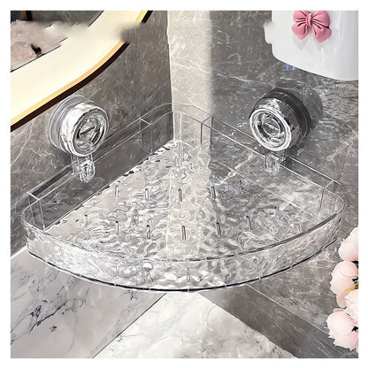Corrugated Suction Cup Storage Holder Corner Shower Caddy Large Organizer Bathroom Shelf Clear Acrylic Shower Tray Shelves Inside Floating Shower Wall Shelf Bath Basket Rack Heavy Duty (Corner-Grey)