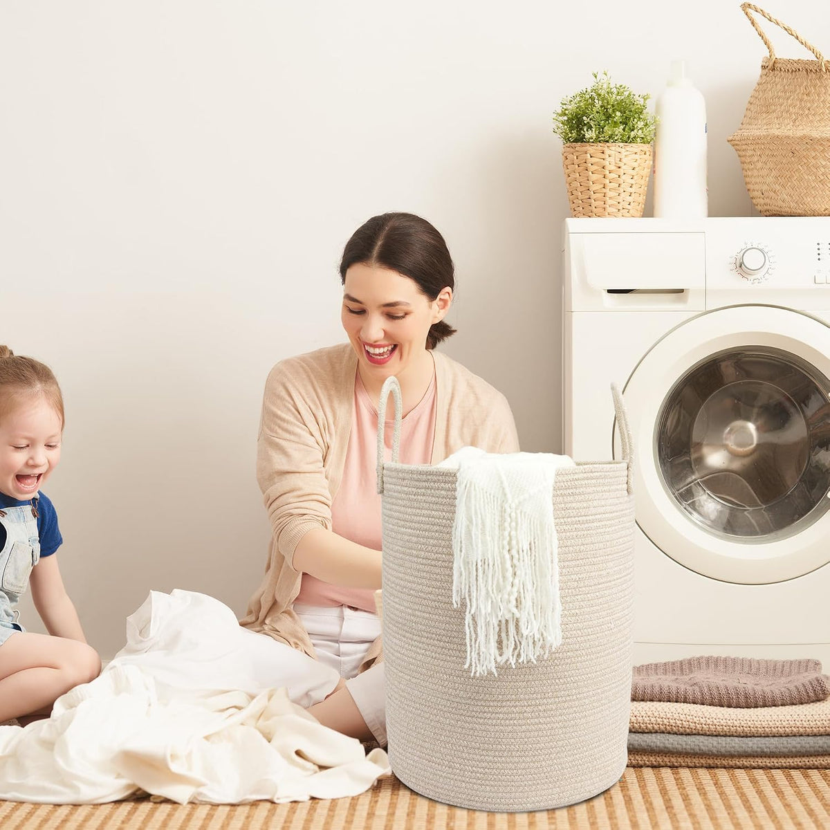 Woven Cotton Rope Laundry Basket, 15" x 20" Laundry Hamper, Oatmeal