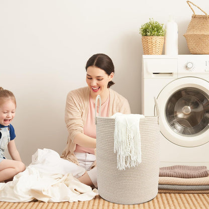 Woven Cotton Rope Laundry Basket, 15" x 20" Laundry Hamper, Oatmeal