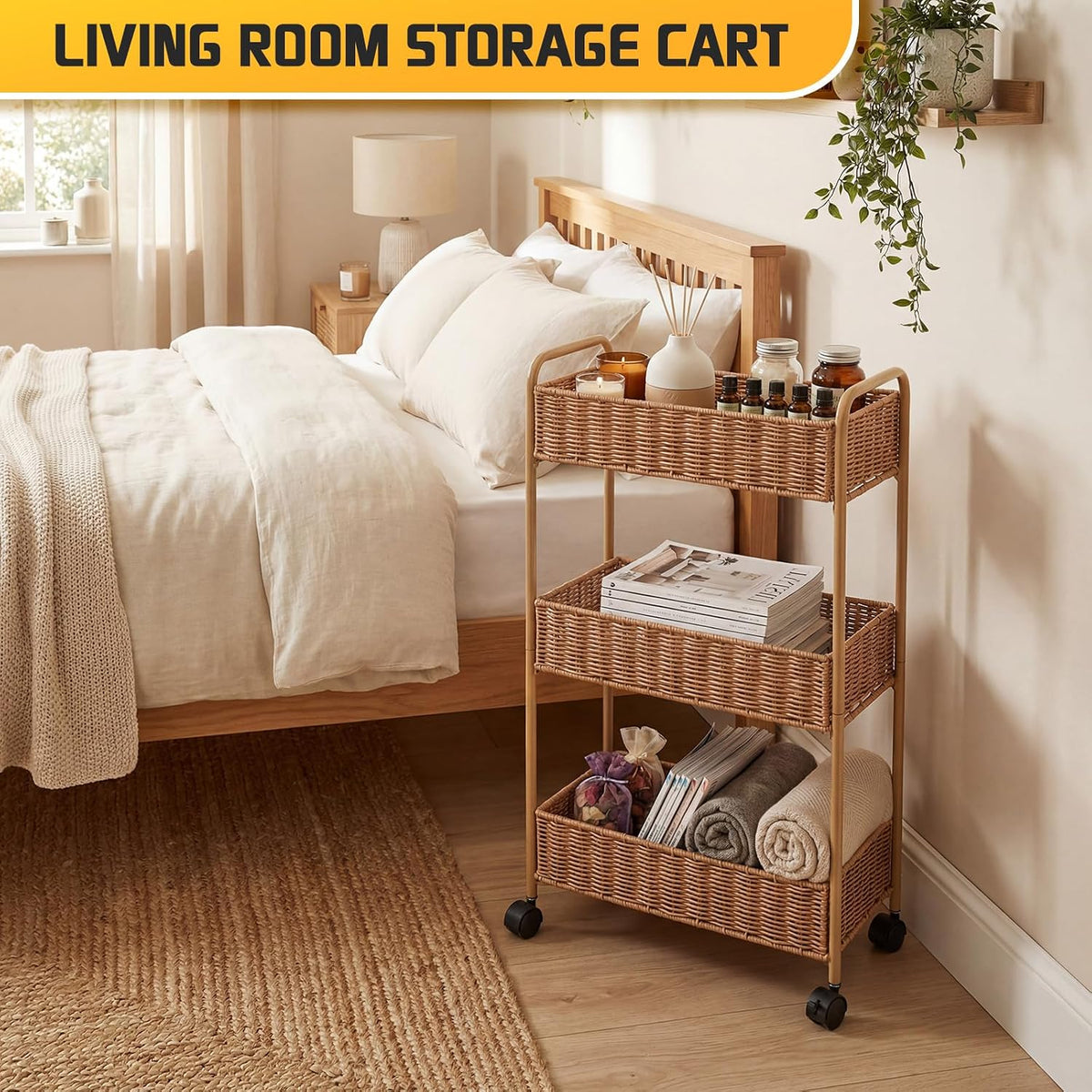 FOCHIER F Utility Slim Storage Cart,3-Tier Rolling Kitchen Office Laundry Room Cart,Mobile Shelving Unit Organizer for Living Room Bathroom Baby Diaper Narrow Places (Natural, 3 Tiers-7.1 inch (W))