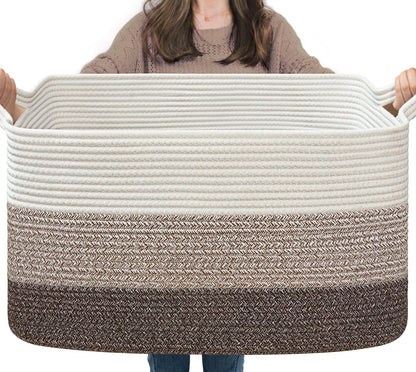 Goodpick Large Woven Rope Blanket Basket, Rectangle, Black, 75L