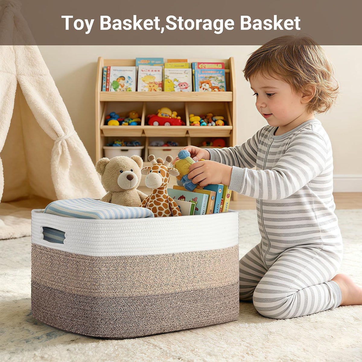 75L Blanket Basket Laundry Basket Hamper Brown/White,22"x17"x12"