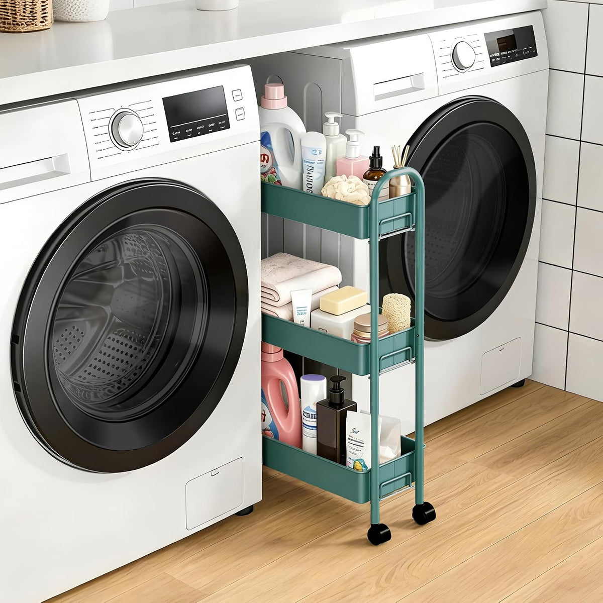 Slim Rolling Cart, Metal Frame Utility Rolling 3-Tier Narrow Storage Cart