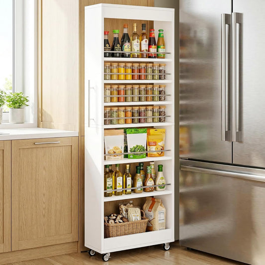 Tribesigns 73" Tall Slim Storage Cart on Rubber Wheels, 7-Tier Narrow Pantry Cabinet, Rolling Skinny Spice Rack Organizer Next to Fridge, Wooden Pull-Out Storage Shelf for Kitchen Small Spaces, White