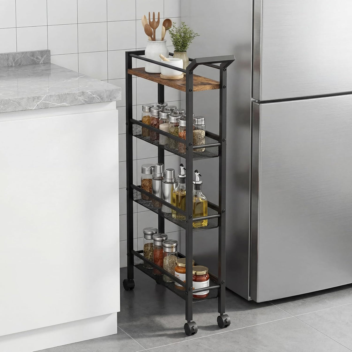 4 Tier Slim Rolling Storage Cart, 5.1 Inch Wide Narrow Storage Cart with Handle, Iron Wood Utility Slide Out Pantry Shelf Organizer for Laundry Room, Bathroom, Kitchen, Small Spaces, Black