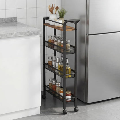 4 Tier Slim Rolling Storage Cart, 5.1 Inch Wide Narrow Storage Cart with Handle, Iron Wood Utility Slide Out Pantry Shelf Organizer for Laundry Room, Bathroom, Kitchen, Small Spaces, Black