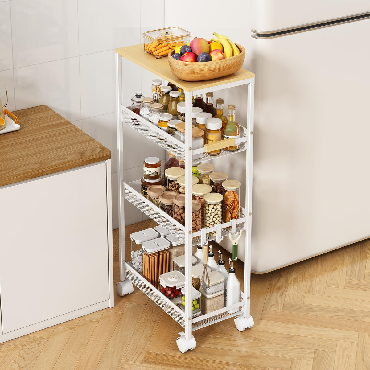 4-Tier Slim Utility Rolling Laundry Cart with Wheels, White