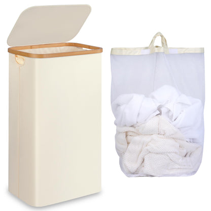 iEGrow 65L Slim Laundry Hamper, Narrow Laundry Basket with Lid,Foldable Clothes Hamper with Bamboo Handles,Hamper Basket with Removable Inner Bag for Laundry Room Bedroom College Dorm,17.17 Gals Pink