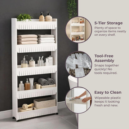 Lavish Home Slim Rolling Storage Cart, White, 21.5” x 5” x 52”