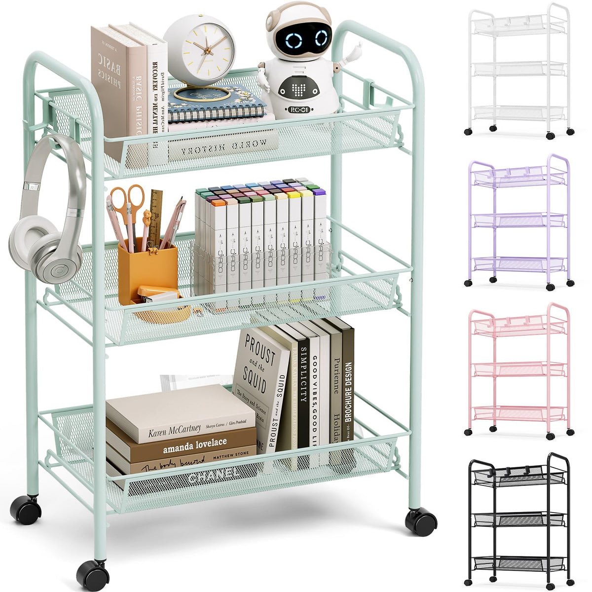 TOOLF 4 Tier Rolling Cart, Metal Utility Storage Cart with Wheels, White