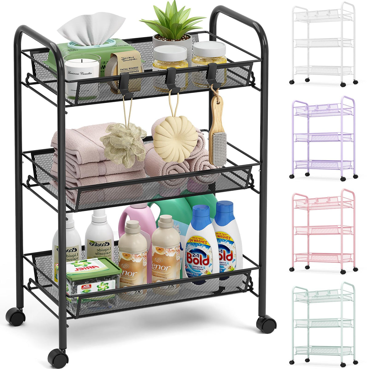 TOOLF 4 Tier Rolling Cart, Metal Utility Storage Cart with Wheels, White