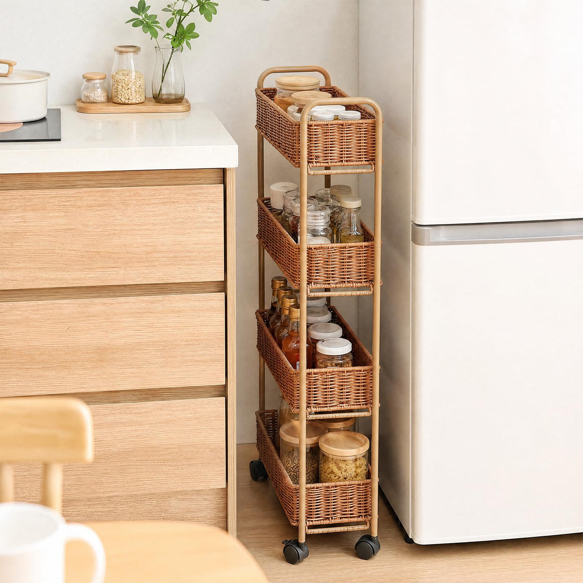 FOCHIER F Utility Slim Storage Cart,3-Tier Rolling Kitchen Office Laundry Room Cart,Mobile Shelving Unit Organizer for Living Room Bathroom Baby Diaper Narrow Places (Natural, 3 Tiers-7.1 inch (W))