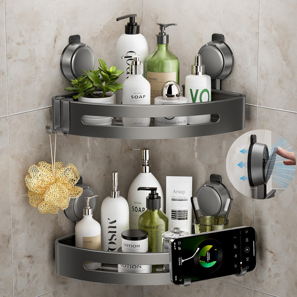 Corner Shower Caddy Suction Cup,Shower Shelves with Hooks,No Drilling Powerful Upgrade Suction Bathroom Corner Organizers and Storage,Removable Waterproof Rustproof Shower Shelf Bathroom Decor