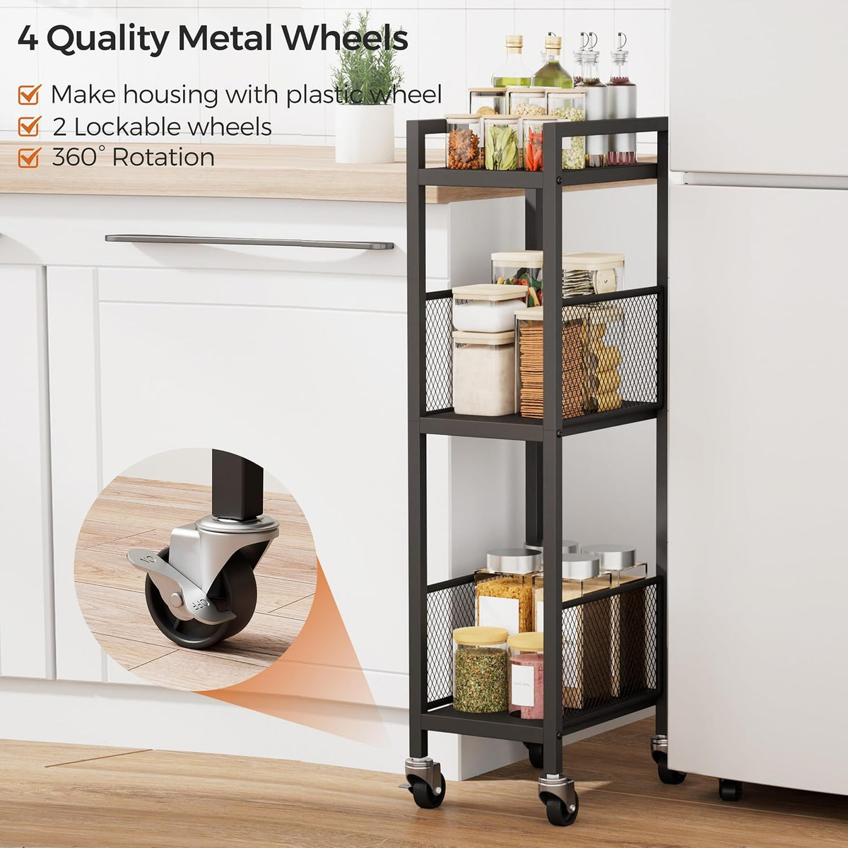 3-Tier Expandable Storage Shelving Unit,Slim Storage Cart,Metal