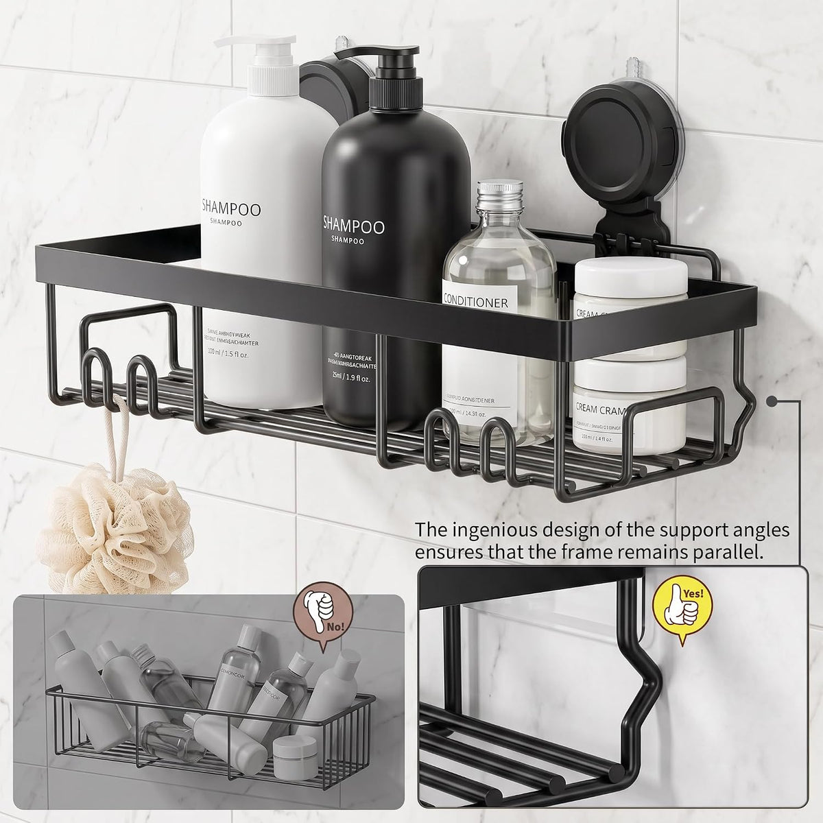 Moforoco Suction Cup Shower Caddy Shelf Organizer Rack, Black Bathroom Shelves Basket, Home Farmhouse Wall Inside Organization and Storage