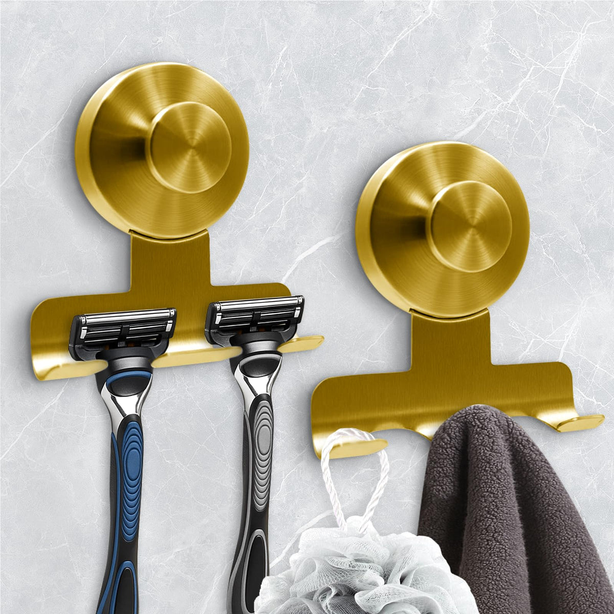Suction Cup Razor Holder for Shower,Heavy-Duty 7KG Suction Hooks for Razor,Towel,Loofah,Removable Damage-Free Metal Shower Hook,Shaver Holder,2 Pack(Brushed Silver)