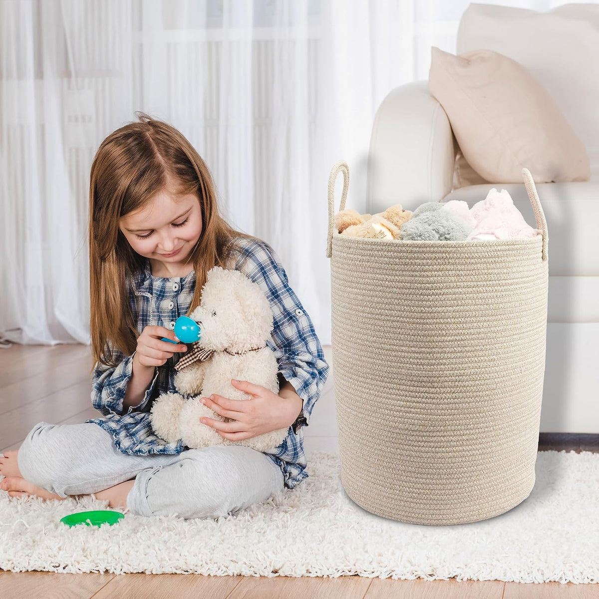 Woven Cotton Rope Laundry Basket, 15" x 20" Laundry Hamper, Oatmeal