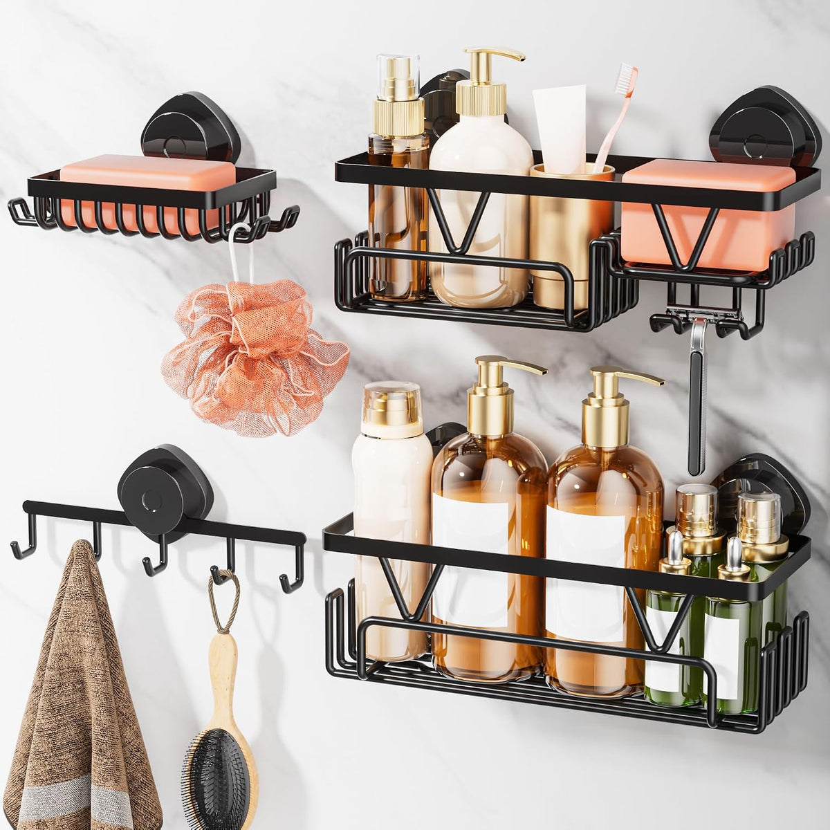 KEGII Shower Caddy Suction Cup, 4 Pack Suction Shower Shelf with Towel Rack No Drilling, Removable Shower Organizer with Hooks & Soap Holder, Space-Saving Bathroom Storage (Black)