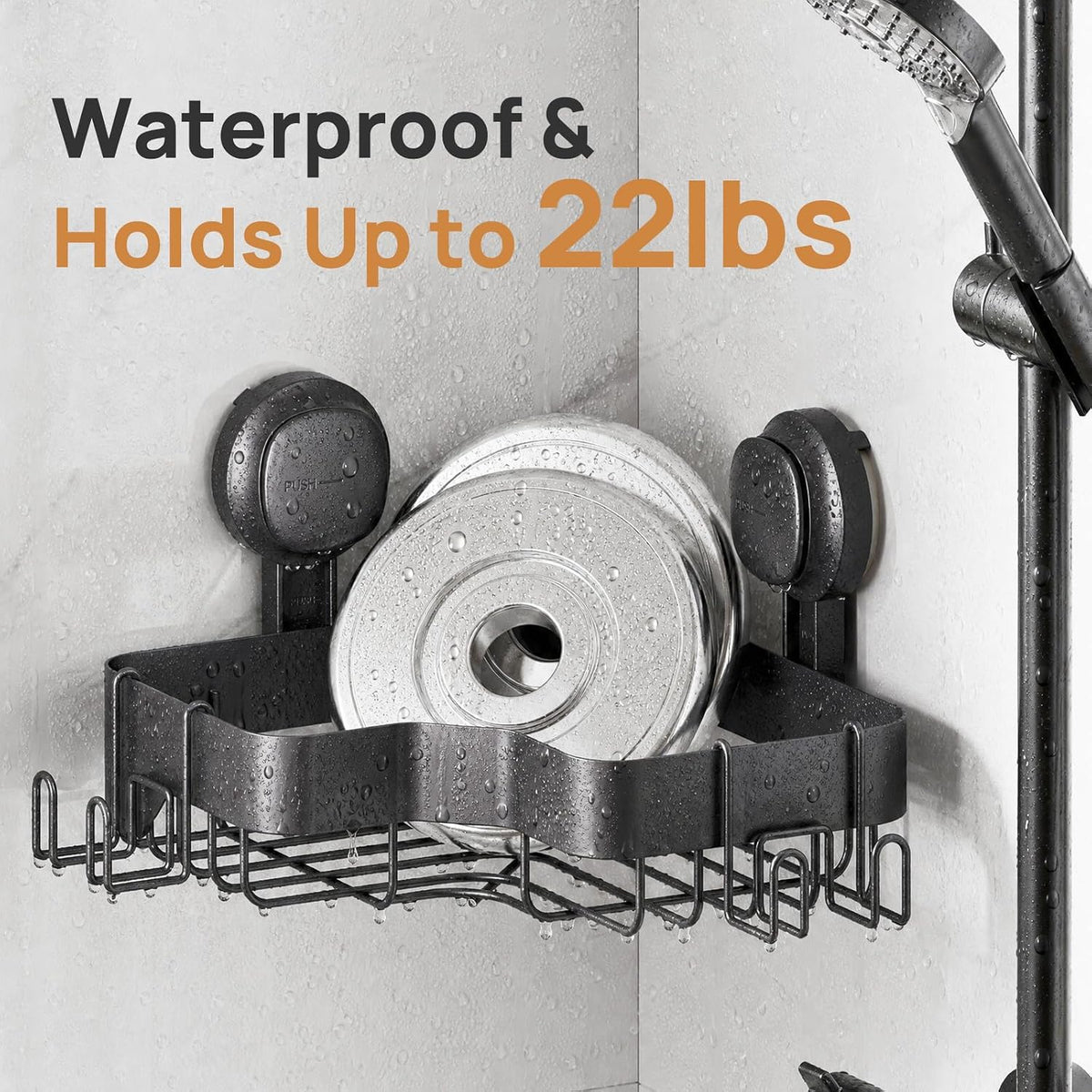 LEVERLOC Corner Shower Caddy Suction Cup, Black Shower Organizer With Hooks