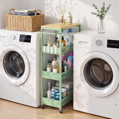 9.1" Wide Slim Rolling Utility Cart, 4 Tier Metal Narrow Storage Cart with Handle and Wood Top, Multifunctional Small Mobile Shelf Unit Organizer Trolley for Laundry, Bathroom, Kitchen