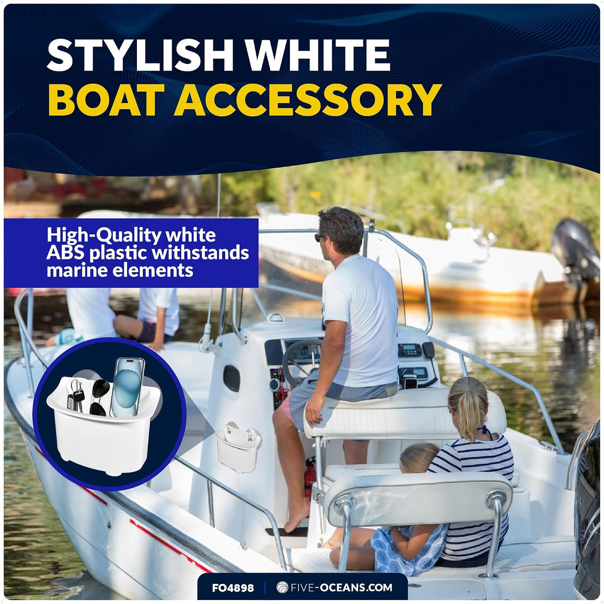 Five Oceans Boat Caddy Organizer with Suction Cup Mount, White ABS Plastic, Marine Storage for Pontoon, Fishing Boat, Kayak - FO4898