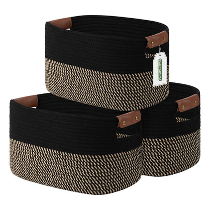 ECDYQXVU 15x10x9 Woven Cotton Rope Storage Basket, Leather Handles 1 Pack