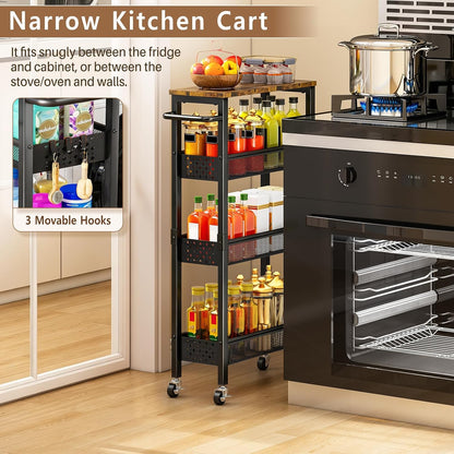 Slim Storage Cart with Wheels, 4 Tier Metal Rolling Organizer with Wood Top and Handle, Narrow Utility Shelf for Kitchen Bathroom Laundry Room, Black