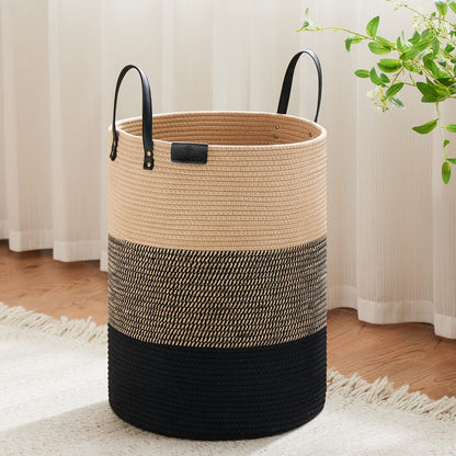 VIPOSCO 72L Tall Woven Rope Laundry Hamper, Leather Handles, White & Brown