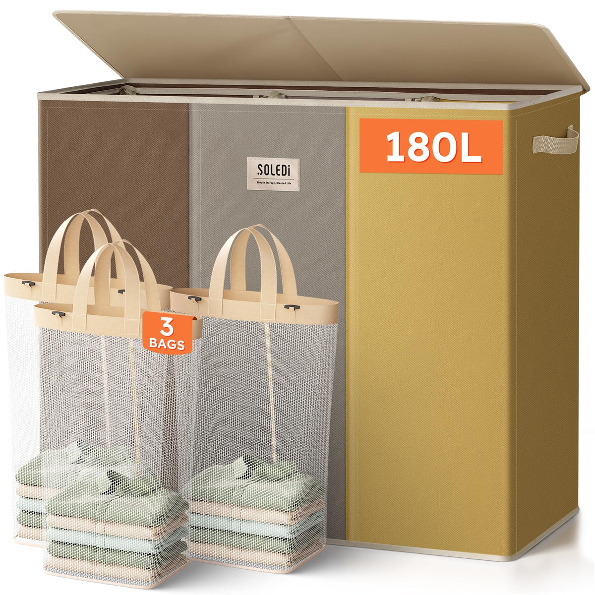 SOLEDI Large Laundry hamper 3 Section with Laundry Bag, XL Clothes Basket