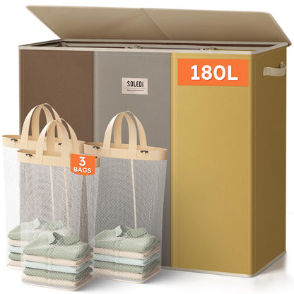 SOLEDI Large Laundry hamper 3 Section with Laundry Bag, XL Clothes Basket