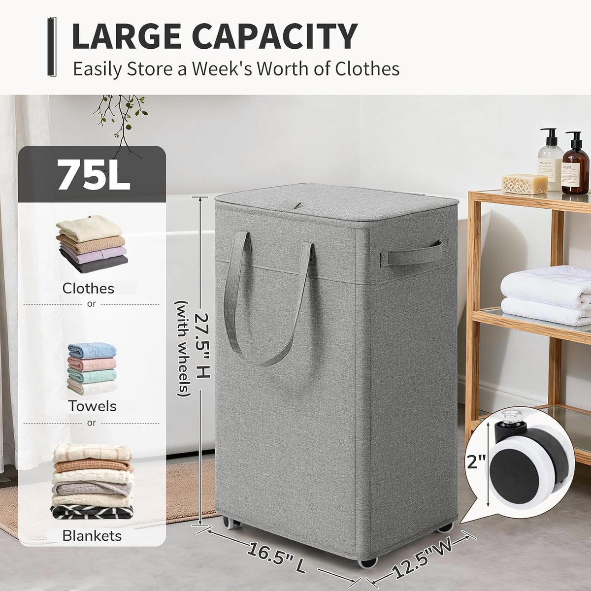 Goodpick 75L Rolling Laundry Basket with Wheels and Lid, Grey