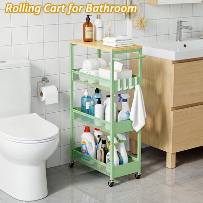 9.1" Wide Slim Rolling Utility Cart, 4 Tier Metal Narrow Storage Cart with Handle and Wood Top, Multifunctional Small Mobile Shelf Unit Organizer Trolley for Laundry, Bathroom, Kitchen