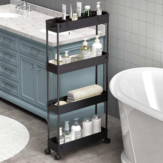 SPACELEAD Slim Storage Cart 4 Tier,Bathroom Organizer Rolling Utility,Mobile Shelving Unit Slide Out for Office, Kitchen, Laundry Room & Narrow Places,Black