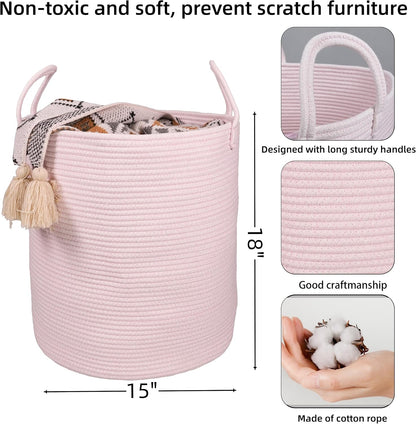 XUANGUO Cotton Rope Laundry Basket Hamper for Girls Kids Baby Nursery Pink