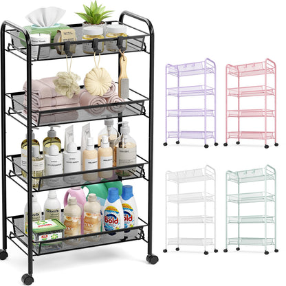 TOOLF 4 Tier Rolling Cart, Metal Utility Storage Cart with Wheels, White