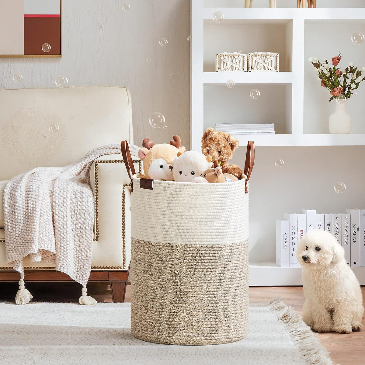 VIPOSCO 72L Tall Woven Rope Laundry Hamper, Leather Handles, White & Brown