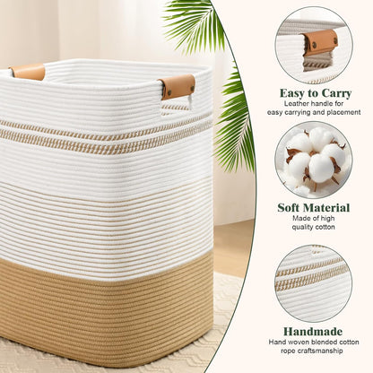 Laundry Hamper, 85L Tall Laundry Basket with Leather Handles, Rectangle Large Clothes Hamper for Organizing, Cotton Woven Laundry Baskets Storage Hampers for Bedroom, Nursery, Living Room