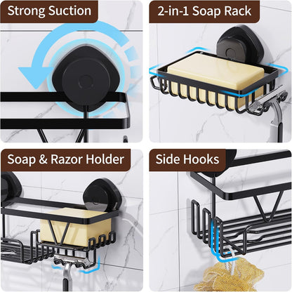 KEGII Shower Caddy Suction Cup, 3 Pack Removable Shower Shelves with Hooks & Soap Holder, No Drilling Bathroom Organizer, Waterproof Suction Storage for Inside Shower, Black