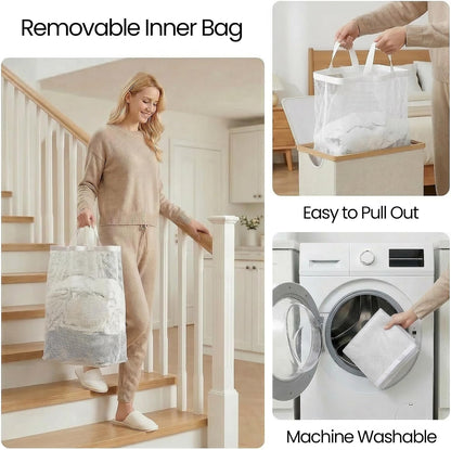 efluky Slim Laundry Basket with Lid, Narrow Laundry Hamper with Removable Bag, Skinny Dirty Clothes Basket with Bamboo Handles for Bathroom, Bedroom & Laundry Room, 75L Beige