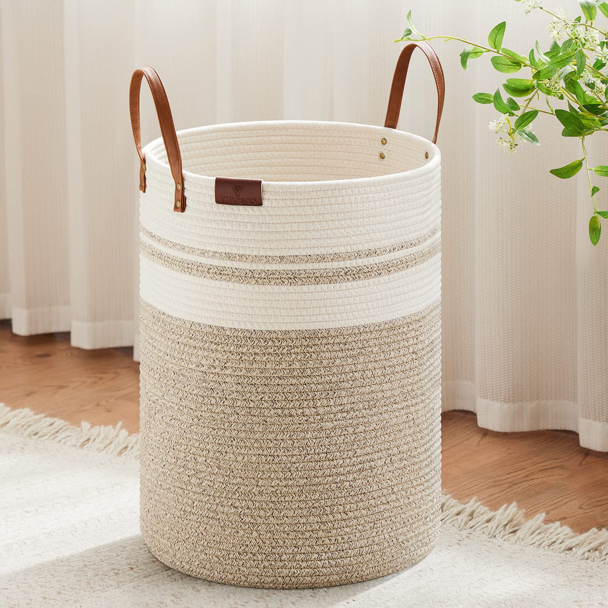 VIPOSCO 72L Tall Woven Rope Laundry Hamper, Leather Handles, White & Brown