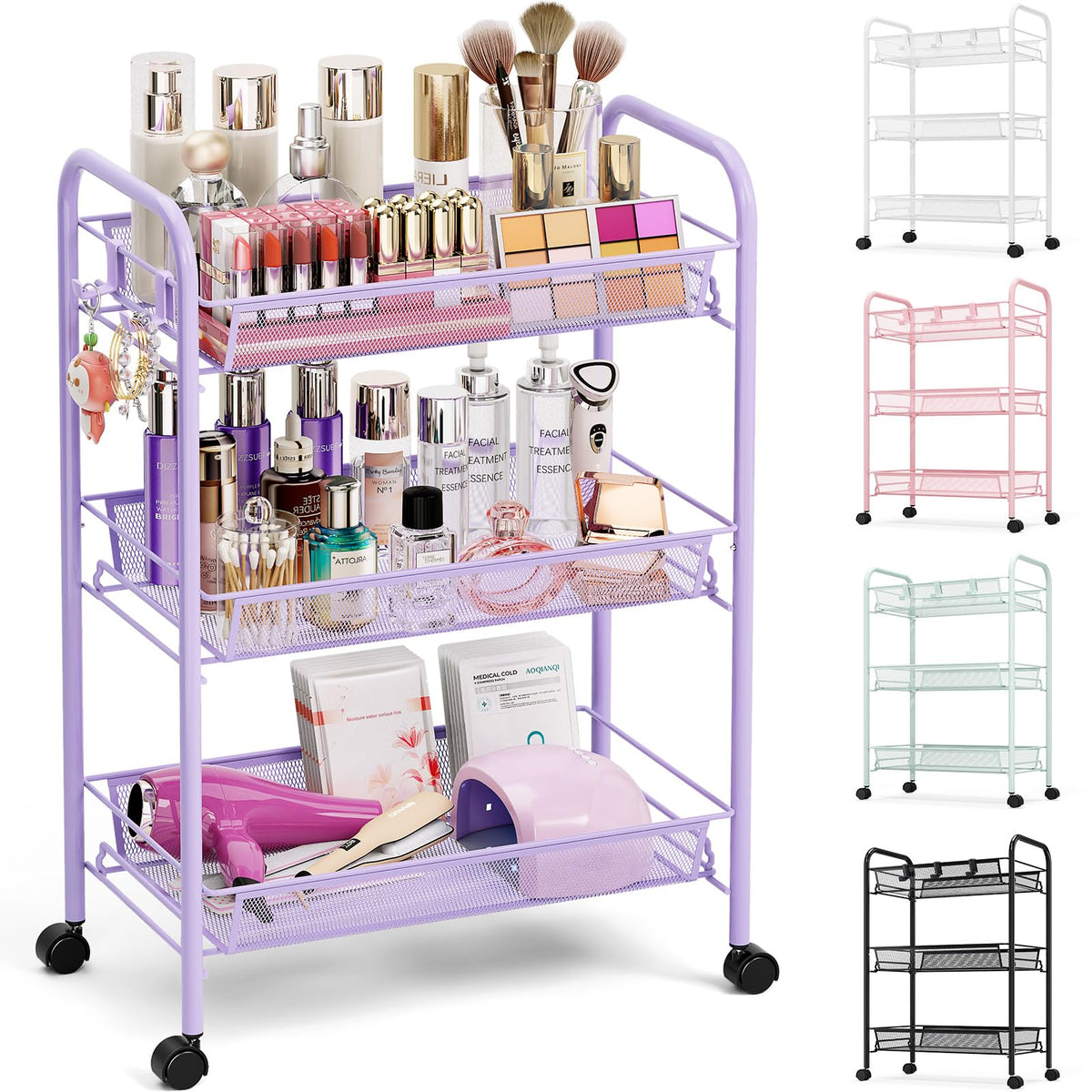 TOOLF 4 Tier Rolling Cart, Metal Utility Storage Cart with Wheels, White