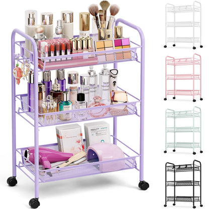 TOOLF 4 Tier Rolling Cart, Metal Utility Storage Cart with Wheels, White