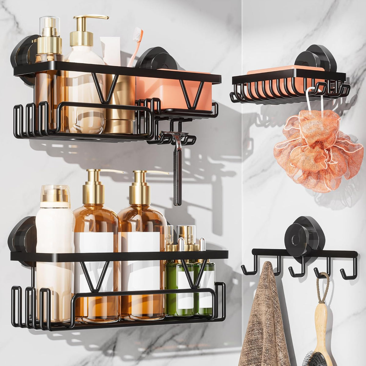 KEGII Shower Caddy Suction Cup, 4 Pack Suction Shower Shelf with Towel Rack No Drilling, Removable Shower Organizer with Hooks & Soap Holder, Space-Saving Bathroom Storage (Black)